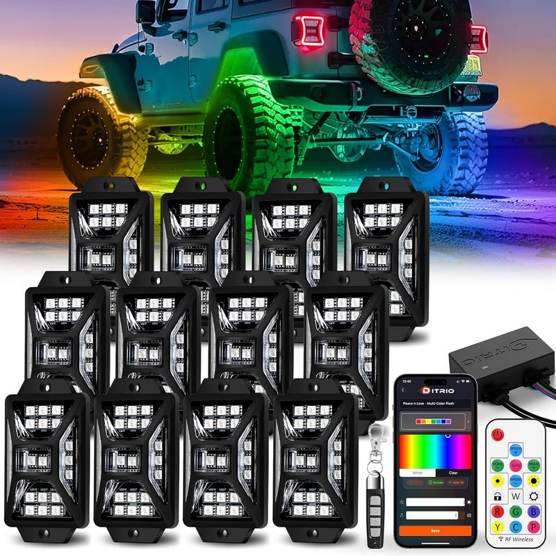 DITRIO 12 Pods Five Sided RGB Rock Lights for Trucks Jeep UTV SUV ATV Golf Cart, Multi Chasing Color App/Remote Control Led Rock Lights with Music Mode, Waterproof Exterior Underglow Kits for Cars - Image 1